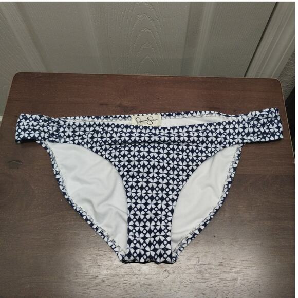 Jessica Simpson NWT Size Large Navy Blue White Tiled Geo Swimwear Bikini Bottom - Picture 1 of 6